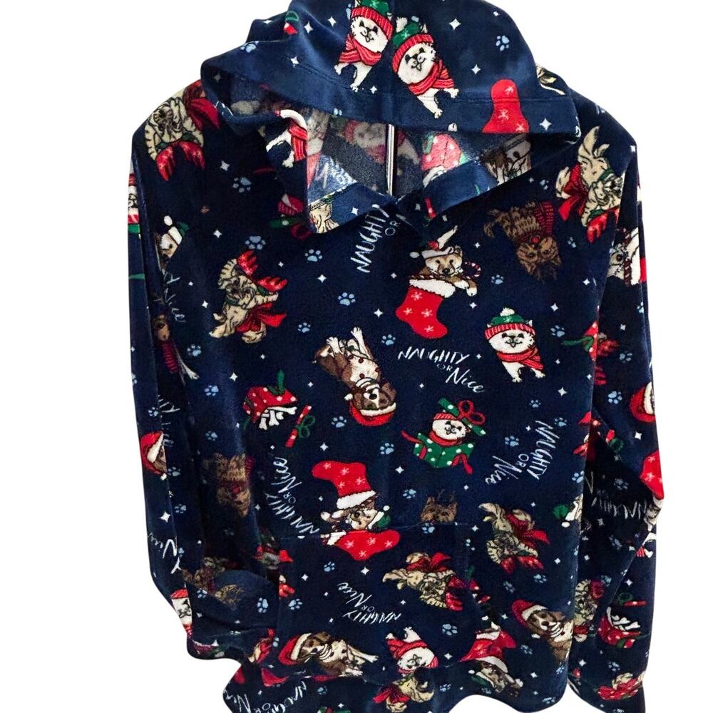 No Boundaries Naughty or Nice Christmas Cat hooded pullover plush fleece 15-17